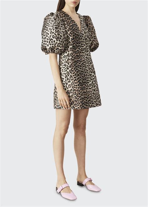 Ganni Leopard Jacquard Puff Sleeve Mini Dress Bergdorf Goodman