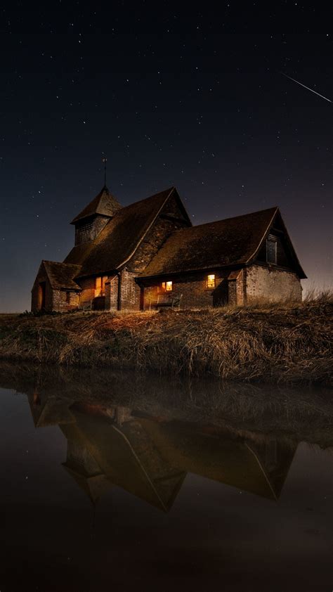 Download 1440x2560 Wallpaper Lakeside House Reflections Night Qhd