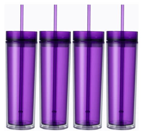 Acrylic 16 Ounce Tumblers With Straw Set Of 4 Tall Skinny Tumblers Kitchen Storage
