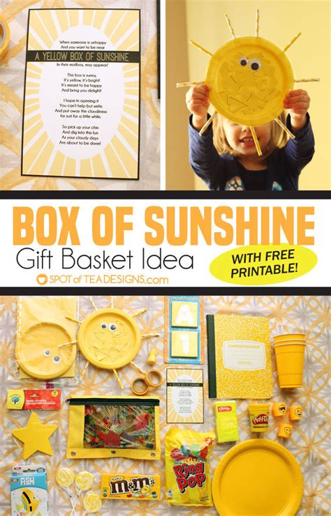 See more ideas about yellow gifts, yellow, gifts. Box of Sunshine Gift Basket Idea (plus free printable ...