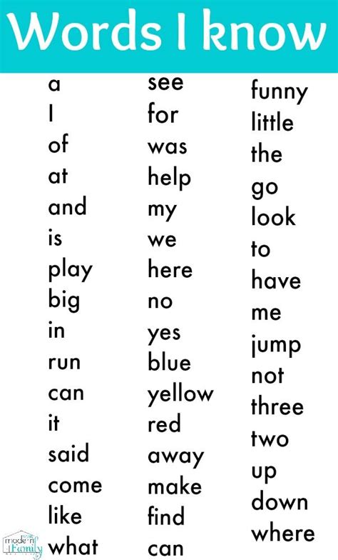 Basic Words For Kindergarten