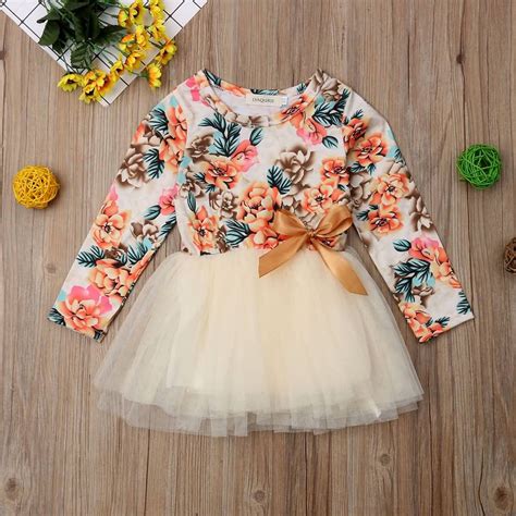 Beige Baby Toddler Floral Print Mesh Splicing Bow Decor Cute Dress