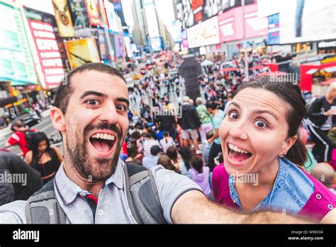 Usa New York Selfie Of Happy Couple In The City At Times Square Stock