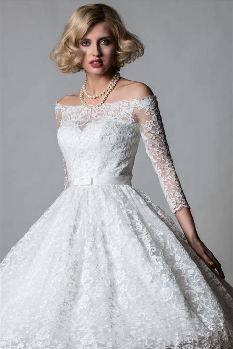 Lorna 1064 Off Shoulder Lace Tea Length Short Vintage 50s Wedding Dress