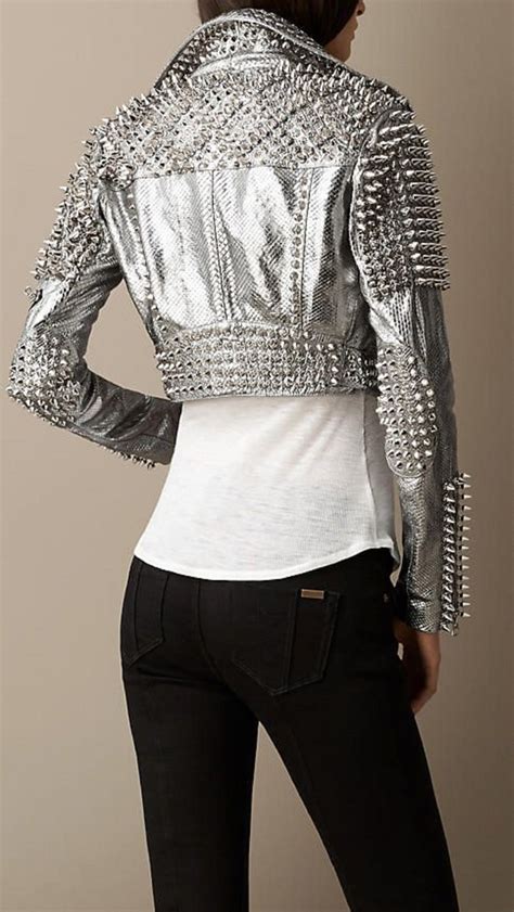 Customize Women Silver Studded Leather Jacket Silver Genuine Leather