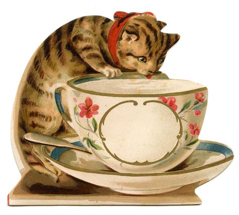 Vintage Image Cat With Teacup The Graphics Fairy