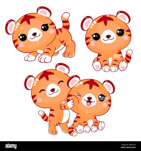 Set Of Kawaii Tigers Collection Of Cartoon Cute Tigers Cubs Vector