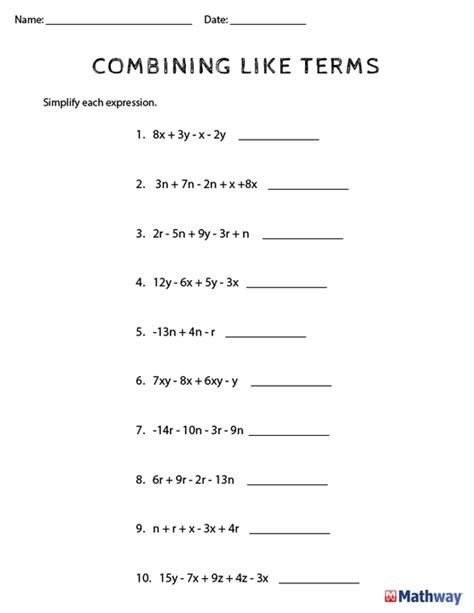Combining Like Terms Positive Numbers Worksheet Pdf