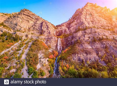 Bridal Veil Falls Provo Utah During Autumn Season At Sunset Stock