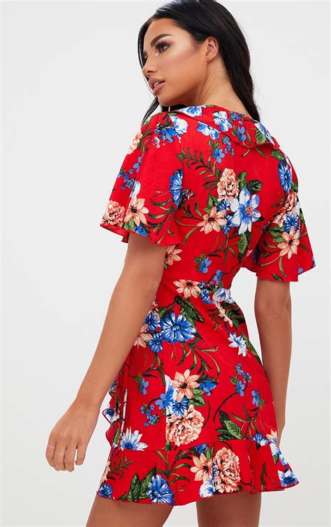 Red Floral Wrap Dress Prettylittlething Ca