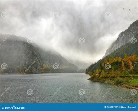 Foggy Lake Gosau At Dachstein Mountain In Salzkammergut Austria Stock