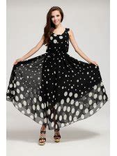 Fashion Women Polka Dots Round Collar Sleeveless Maxi Dress
