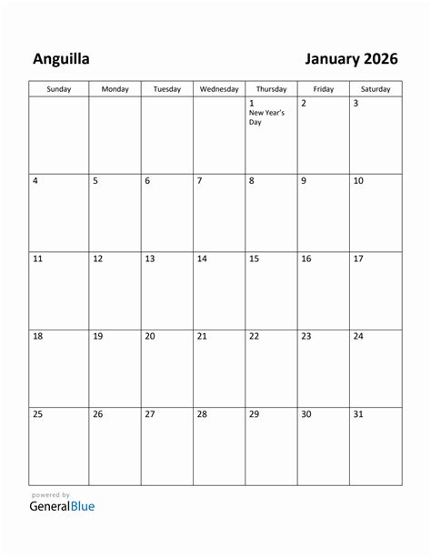 Free Printable January 2026 Calendar For Anguilla