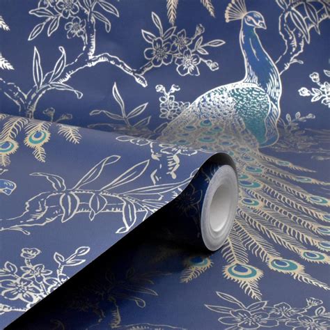 Follow the vibe and change your wallpaper every day! Rasch Peacock Wallpaper Navy Blue Gold Metallic Feather ...