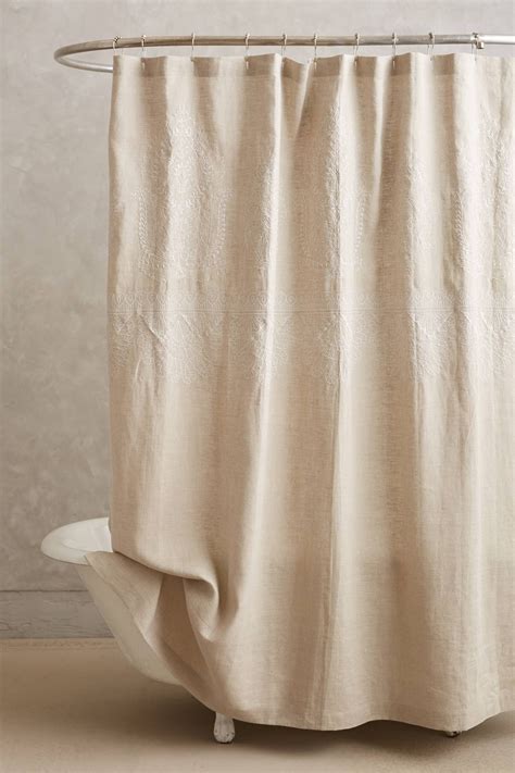 Embroidered Linen Shower Curtain Neutral Shower Curtains Shower