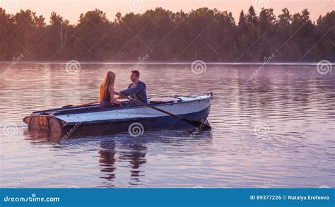 Romantic Golden Sunset River Lake Fog Loving Couple Small Rowing Boat Date Beautiful Lovers Ride