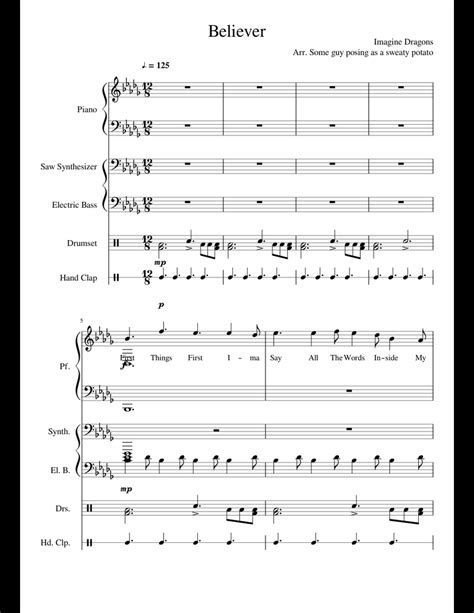 Believer Imagine Dragons Sheet Music For Piano Synthesizer Bass