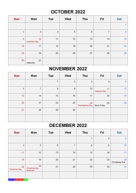 Printable October November December 2022 Calendar With Holidays Four