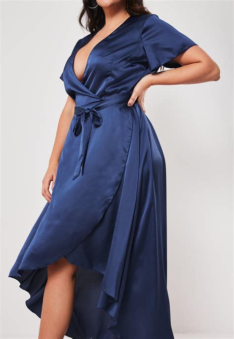 Plus Size Navy Satin Wrap Maxi Dress Missguided
