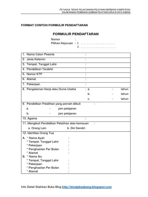 Contoh formulir registrasi calon pengurus osis smp pilpay. CONTOH FORMULIR PENDAFTARAN PELATIHAN BERBASIS KOMPETENSI.pdf