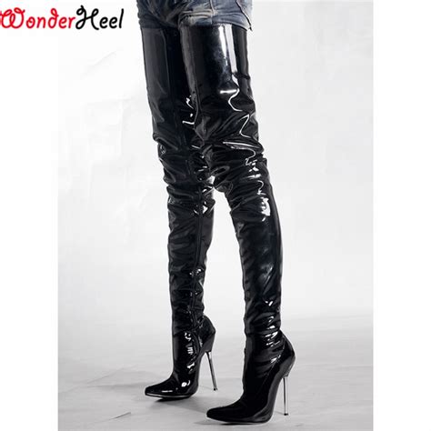 wonderheel hot on sales extreme high heel 12cm heel overknee boots shiny patent thigh high boots