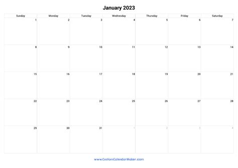 January 2023 Landscape Calendar With Large Boxes