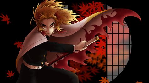 demon slayer kyojuro rengoku with sword with background of window red leaves and black 4k hd