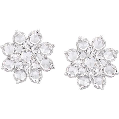 Rarever 18k White Gold Rose Cut Diamond Flower Cluster Stud 774cts