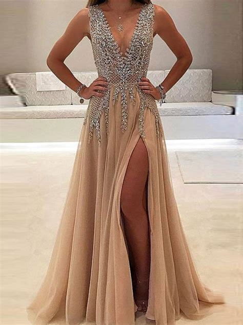 A Line Prom Dress V Neck Prom Gown Nude Tulle Evening Dress With Slit