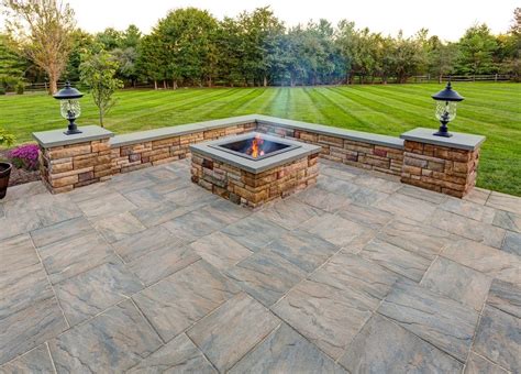 Ep Henry Pavers In Chiseled Stone Patio With Custom Square Fire Pit And