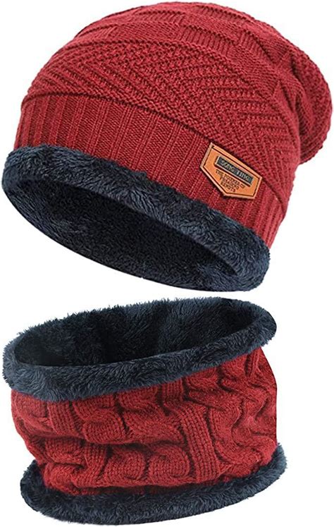 Mens Womens Winter Beanie Hat Scarf Set Warm Knit Hat Thick Fleece Lined Winter Cap Neck Warmer