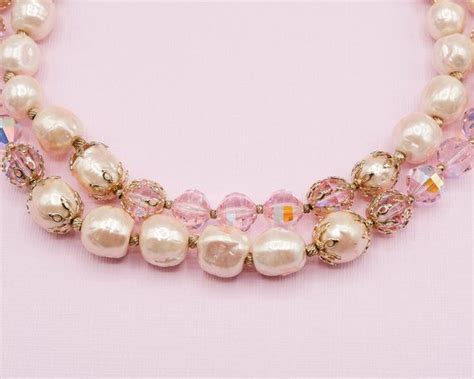 Vintage Long Pearl Necklace Large Baroque Pearls Pink Crystals
