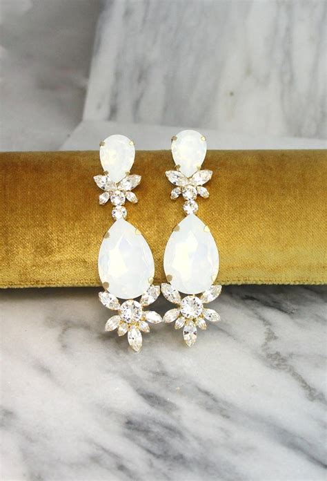 Statement Bridal Drop Crystal Earrings White Opal Chandelier Etsy