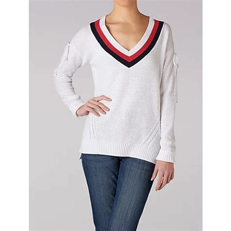 Womens Long Sleeve Sport Stripe V Neck Sweater Lee