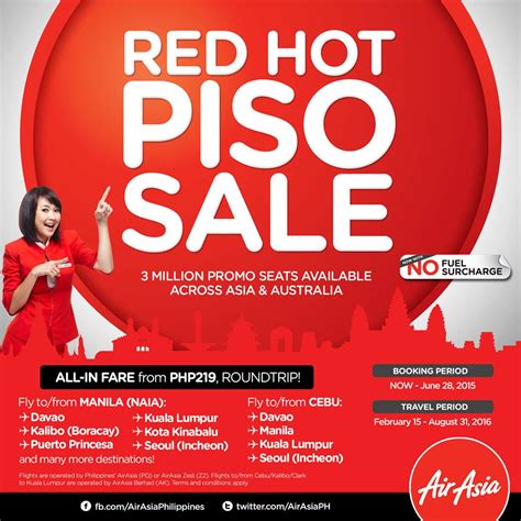 Get 30% discount on domestic & international flight booking. AirAsia RED Hot Piso Sale | Philippine Contests and Promos
