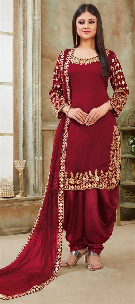 Art Silk Reception Salwar Kameez In Red And Maroon With Thread Work Patiala Suit Designs