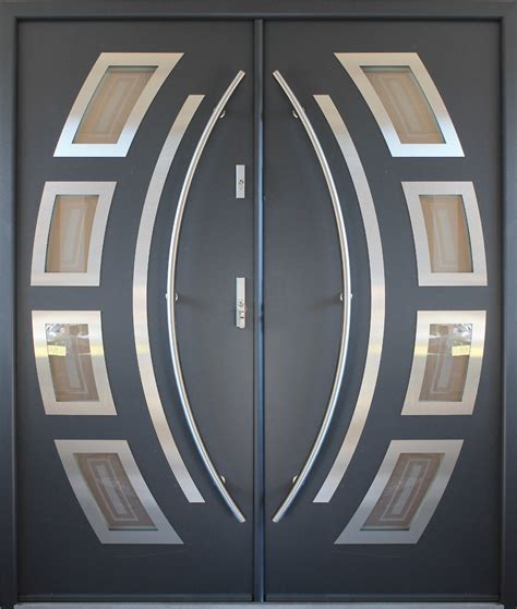 Steel Entry Double Door In Grey Finish Contemporary Front Doors