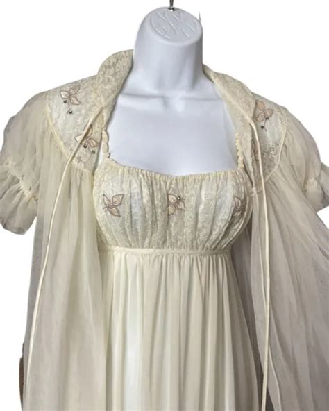 Vintage S Bridal Rhinestone Lace Sheer Peignoir Off White Robe