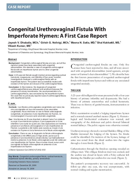 Pdf Congenital Urethrovaginal Fistula With Imperforate Hymen A First