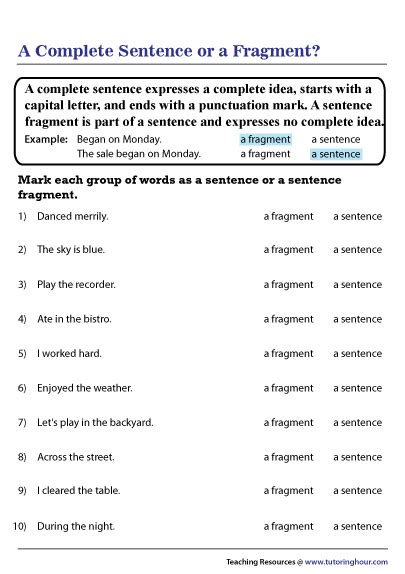 Grammar Worksheets Sentence Fragments