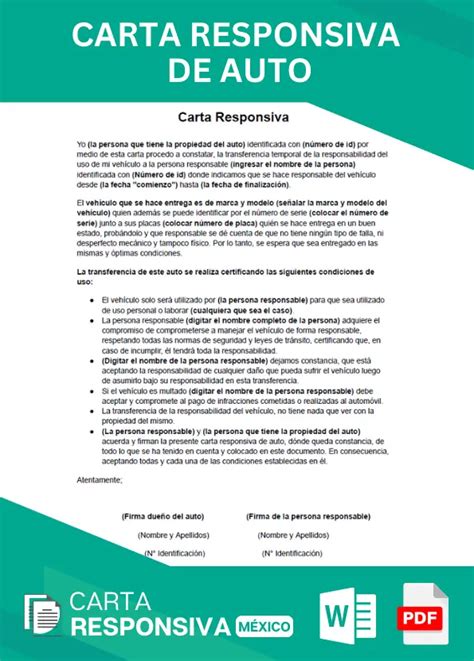 Carta Responsiva De Auto ≫ Ejemplos En Word Y Pdf ️