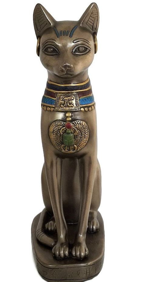 Cat Goddess Bastet Statue Bronze Tone Bast With Scarab And Eye Of Horus Necklace Home Decor