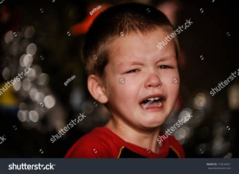 Caucasian White Little Boy Crying Tears Stock Photo 718234021