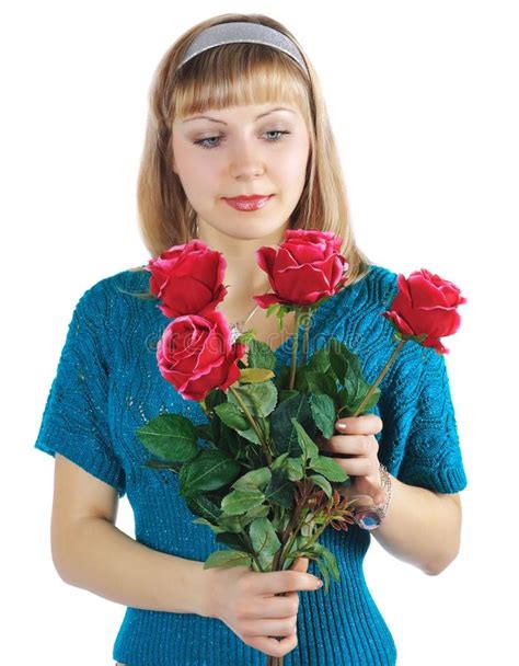 Beautiful Woman Holds Bouquet Of Red Roses Stock Photo Image Of