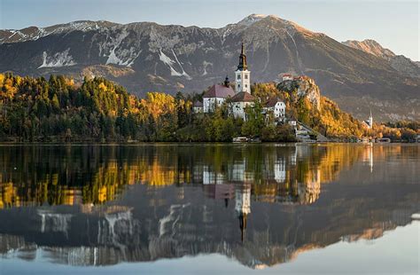 Hd Wallpaper Island On A Lake Castle River Mountains Slovenia