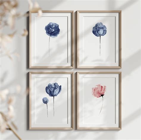 Navy Blue Peony Flowers Set 4 Abstract Peonies Print Wall Etsy Australia