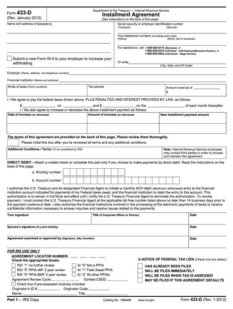 Irs Form 433 D Fillable Printable Forms Free Online