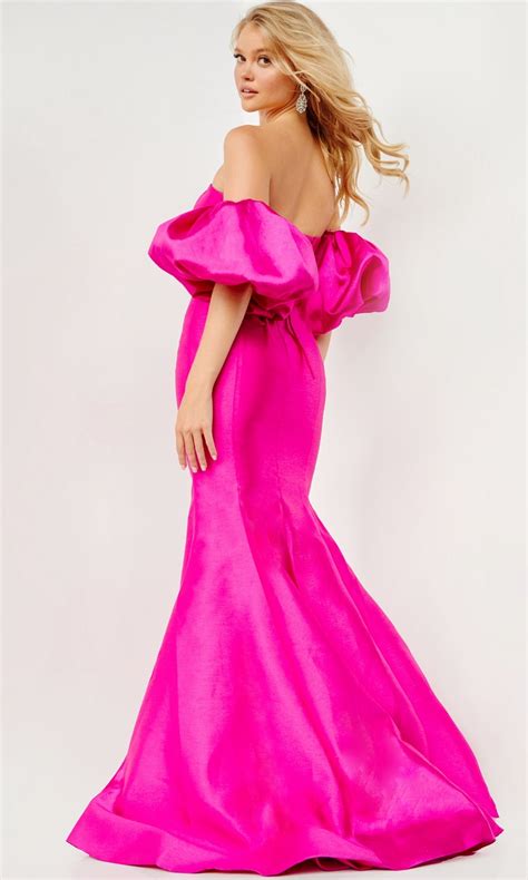 Fuchsia Pink Prom Dress With Puff Sleeves Promgirl