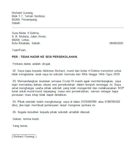 Saya shanmugam a/l indran tidak dapat menghadirkan diri ke kerja pada hari3. Contoh Surat Rasmi Pemakluman Anak Tidak Hadir Ke Sekolah ...