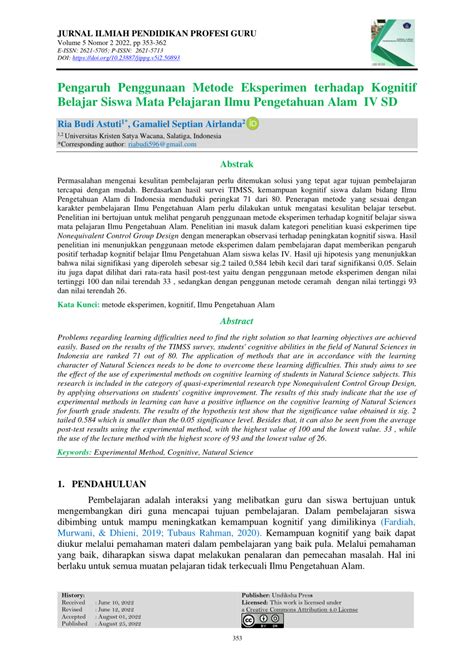 Pdf Pengaruh Penggunaan Metode Eksperimen Terhadap Kognitif Belajar